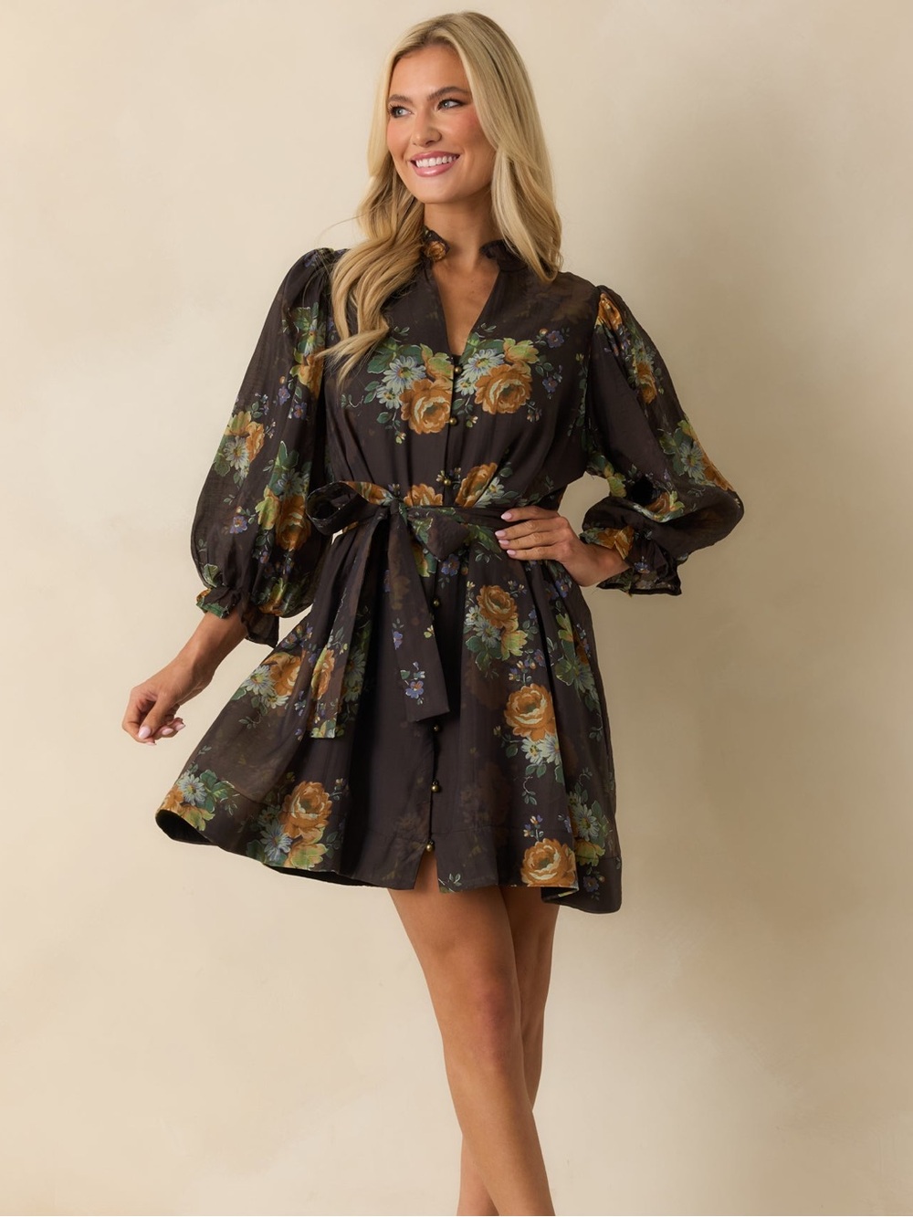Entro Black Floral Tie-Waist Fall Mini Puff Sleeve Dress size Large